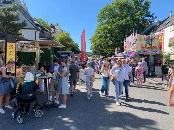 Viyana, Avusturya - 24 Ağustos 2025: Ziyaretçiler her yıl düzenlenen Viyana şarap imalat festivali Neustifter Kirtag 'in renkli galeri stantları ve pazar tribünlerinde gezinmekten keyif alıyorlar.