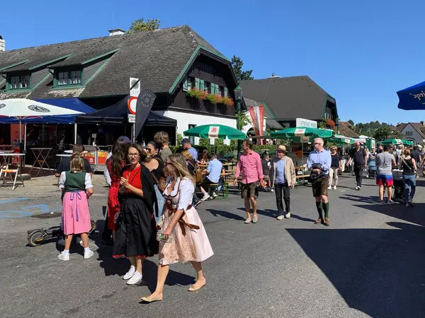 Viyana, Avusturya - 24 Ağustos 2025: Ziyaretçiler, her yıl düzenlenen Viyana şarap üreticisi festivali Neustifter Kirtag 'in renkli galeri stantları ve pazar standlarında gezmekten keyif alıyorlar. Weingut Fuhrgassl-Huber.