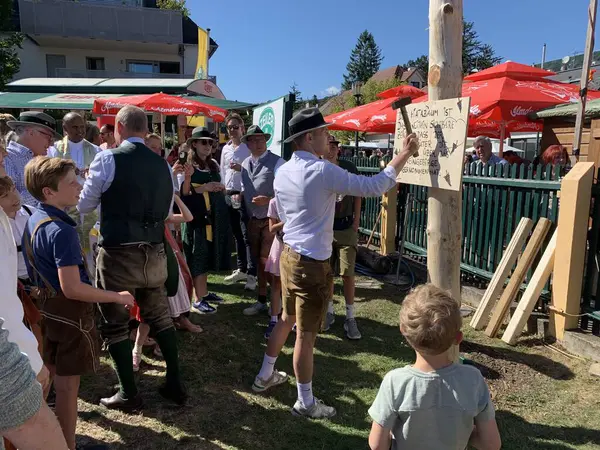 Viyana, Avusturya - 24 Ağustos 2025: Geleneksel Viyana şarap üreticisi festivali Neustifter Kirtag sırasında ziyaretçiler sembolik Hiatabaum 'a (koruyucu ağaç) bir çivi çaktılar. Son çekiç darbesi kaybeder.
