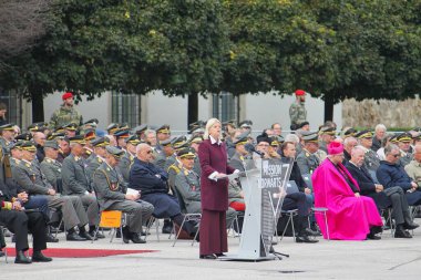 Wiener Neustadt, Lower Austria - September 27, 2025: Austrian minister of defense Klaudia Tanner addressing Austrian Armed Forces officer cadets in her speech at Theresian Military Academy.