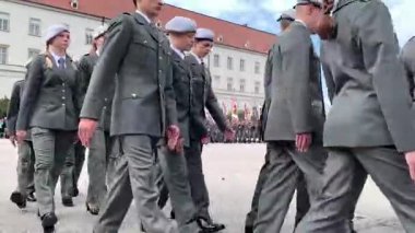 Wiener Neustadt, Lower Austria - September 27, 2025: Marching uniformed students of Bundeshandelsakademie fuer Fuehrung und Sicherheit (Federal Commercial College for Leadership and Security).