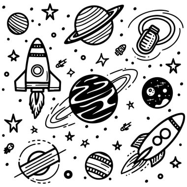Gezegenler, roketler, yıldız vektör simgeleri. Beyaz arkaplanda el çizimi
