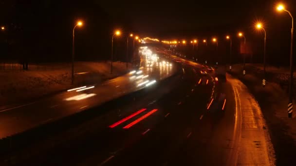 Timelapse Carros Movendo Longo Uma Estrada Inverno Noite Tráfego Noturno — Vídeo de Stock