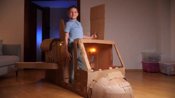Boy Controls Spaceship Boy Dreams Becoming Astronaut Boy Built Spaceship — Video