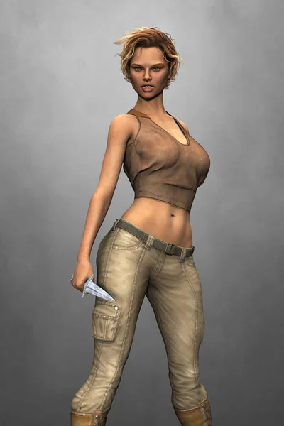 Beautiful urban fantasy style woman in a fight or defend pose holding a fantasy dagger, isolated