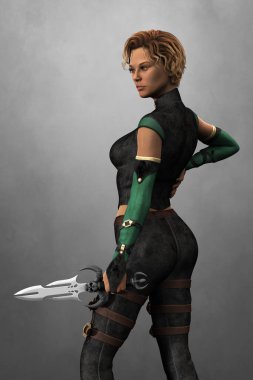  Deri elbiseli güzel bir kadın kameradan uzağa bakıyor ve elinde fantezi tarzı bir bıçak tutuyor.