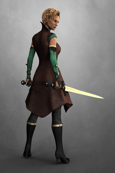 Beautiful woman wearing a brown leather coat holding two fantasy swords with her back to the camera