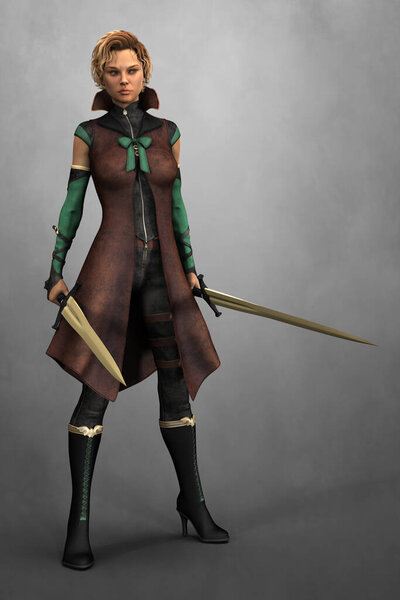 Strong assertive woman in a leather coat holding a pair of fantasy swords