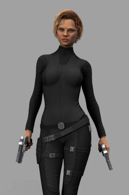 Woman in a black bodysuit walking towards the camera holding two cyber weapons clipart