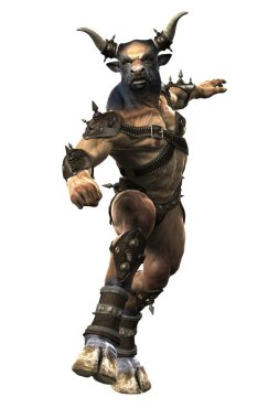 Rending of fierce Minotaur in battle armor running. Ideal character for book cover art and design illustration work.