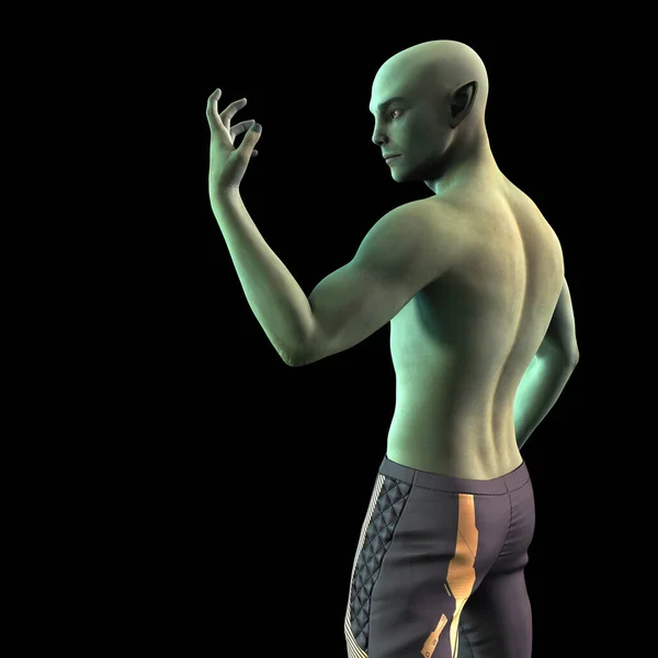 stock image Side view of an alien male space traveller isolated against a black background. The character is looking at his raised left hand.