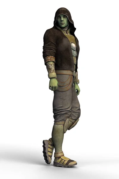 Full figure side view render of an alien spy or explorer. The figure is clothed in worn leather and armour protection.