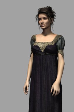 Render of a pretty young woman with dark hair wearing Recency style blue dress. The figure is isolated against a grey backdrop.