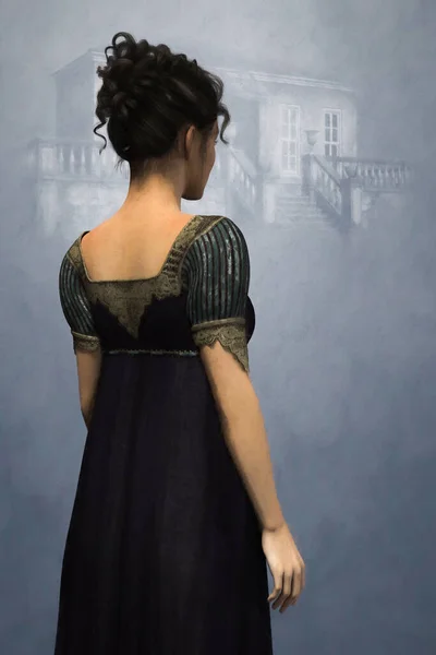 Rear view Painterly style artistic illustration of a beautiful dark haired young woman in Regency style dress.  The background contains a Georgian style building.