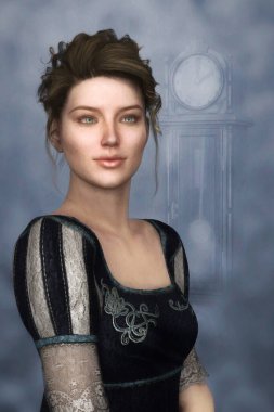 Head and shoulders portrait in a painterly style of a beautiful young Regency woman wearing an elegant blue dress.