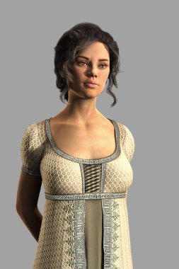 Beautiful Regency style woman standing with her hands held behind her back