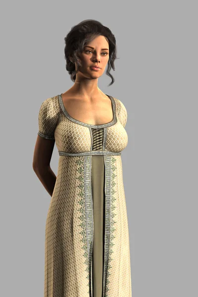 Three quarter length portrait render of a beautiful woman in Regency style clothing