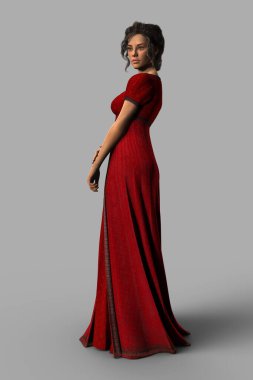 Full length portrait render of a beautiful dark haired woman wearing a red Regency style dress