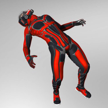 Zero gravity man in a hight tech space suit looking upwards