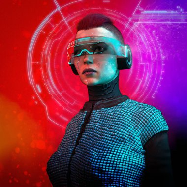 Cyber punk woman wearing a headset set against a background of special effects