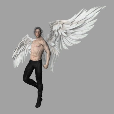 Male white angel in flight with wings outstretched. Ideal character for book cover illustration art and design