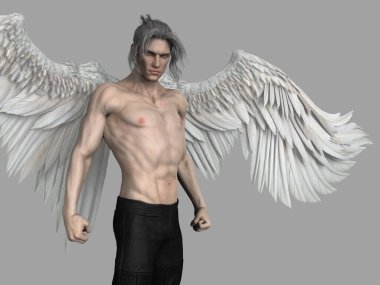 Male white angel with fists clenched and wings outstretched