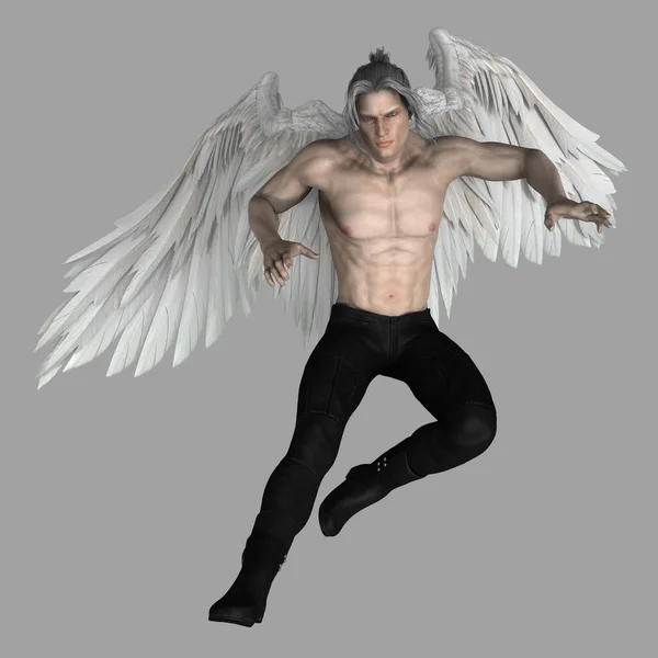 Render of a male white winged angel in flight and ready to fight, attack or defend