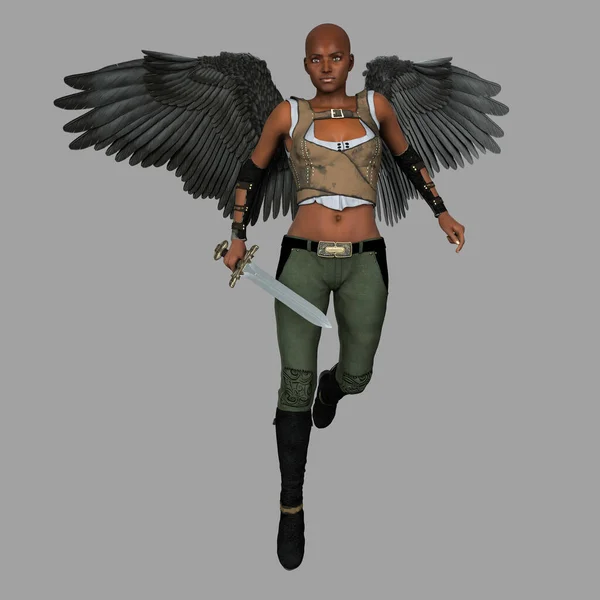 Anjo Negro Fêmea Carregando Uma Espada Voando Levitando — Fotografia de Stock