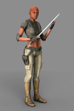 Elinde kılıç tutan güzel siyah şehir fantazisi kadın. Dövüşçü, suikastçı, defans figürü sokak tarzı kıyafetler giyiyor..