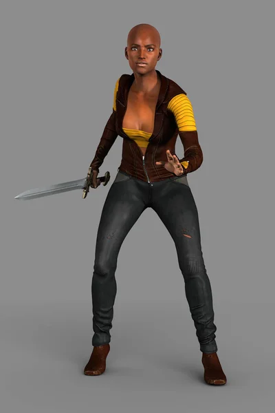 Female Urban Fantasy Style Fighter Defender Holding Ornate Fantasy Sword — Stock Photo, Image