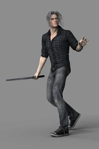 ジーンズやシャツを着たハンサムな都会的なファンタジースタイルの男と刀のスタイルの剣を保持 — ストック写真