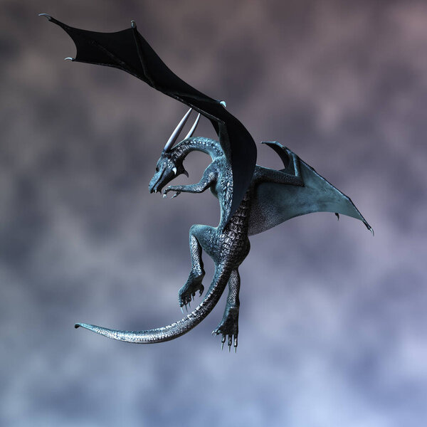 Horned 3D Dragon in flight. Rear view render. One of a series.