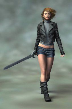 Deri ceketli, yürüyen ve elinde fantezi tarzı bir kılıç tutan genç bir kadın resmi. Dizilerden biri..