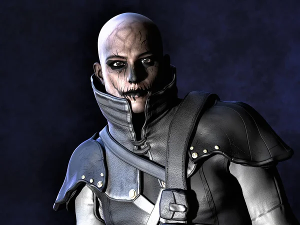 Close up portrait render of a male urban fantasy style character with a black painted face mask