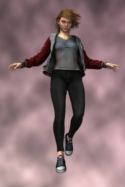 Üç boyutlu güzel bir kadın günlük giysiler içinde şehir fantezi tarzında havada asılı duruyor.