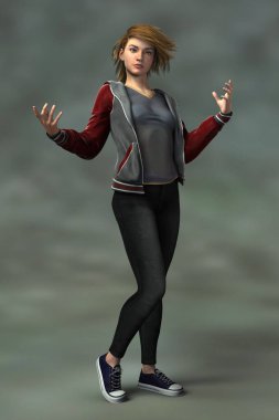 Kollarını kentteki büyülü bir poz içinde açmış duran sevimli bir genç kadının 3 boyutlu görüntüsü.