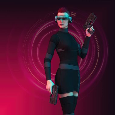 Eflatun bir dijital arkaplana karşı iki silah tutan bir siber punk kadının üç boyutlu çizimi