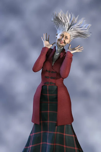 3D render of a witch or fairy godmother character standing with her arms raised in happiness or surprise