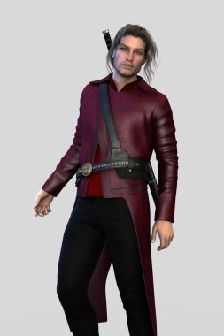 Kırmızı deri ceketli ve sırtına kılıç bağlanmış yakışıklı bir şehir fantazisi erkek karakterinin kesilip biçilmiş hali..