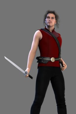 Önde, elinde kılıç tutan yakışıklı bir şehir hayalperestinin portresi.