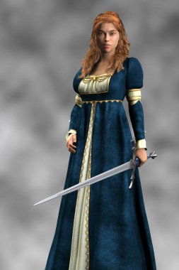 Ortaçağ tarzı fantezi elbisesi giymiş güzel bir kadın elinde kılıç tutuyor.