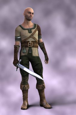 Fantezi avcısı tarzı kıyafetler giyen ve elinde kılıç tutan yakışıklı, dayanıklı bir adam.