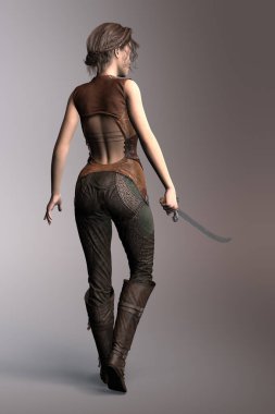 Deri fantezi elbisesi giyen ve elinde kılıç tutan güzel bir genç kadının dikiz görüntüsü. Dizilerden biri. Kitap kapağı sanat ve tasarım çalışmaları için ideal 3B figür.