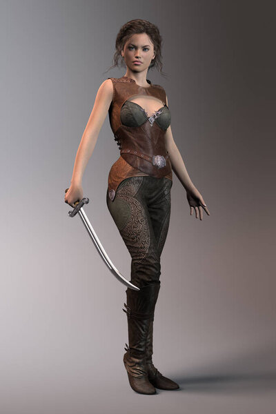Beautiful fantasy style female warrior character, wearing a leather outfit and holding an ornate sword. One of a series. Ideal 3D figure for book cover art and design work.