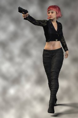 Güzel bir kadın dedektifi, suikastçiyi ya da casusu kasten ve siber silahını elinde tutarken görüntülemek..