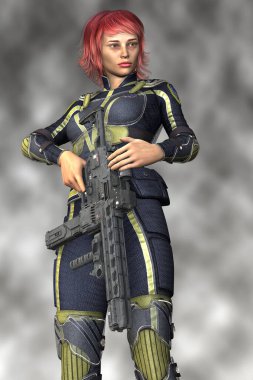 Elinde siber punk silahıyla duran fütürist üniformalı güzel bir kadın polis ya da dedektif resmi. Dizilerden biri. Kitap kapağı sanat ve tasarım çalışmaları için ideal bir figür.