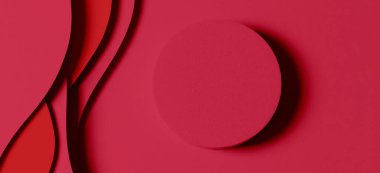 Kağıt üzerinde boş yuvarlak geometrik şekilli silindir podyum platformu soyut kırmızı asgari geometrik şekil arkaplanı. Ürün görüntüleme için üst görünüm modeli.