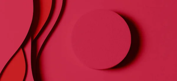 stock image Blank round geometric shape cylinder podium platform on paper cut abstract red minimal geometric shape background. Top view mock up for product display.