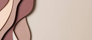 Soyut bej renkli kağıt doku arka planı. Asgari kağıt, geometrik şekil katmanları ve kahverengi renk tonlarında çizgilerle stil kompozisyonu keser. Üst görünüm.