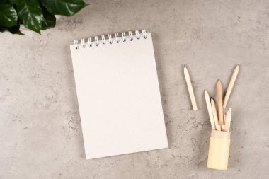 Geri dönüşümlü kâğıt sarmal boş defter ve kağıt kutu içinde tahta kalemlerle dolu gri masa arkaplanlı modern işyeri. Üst görünüm.